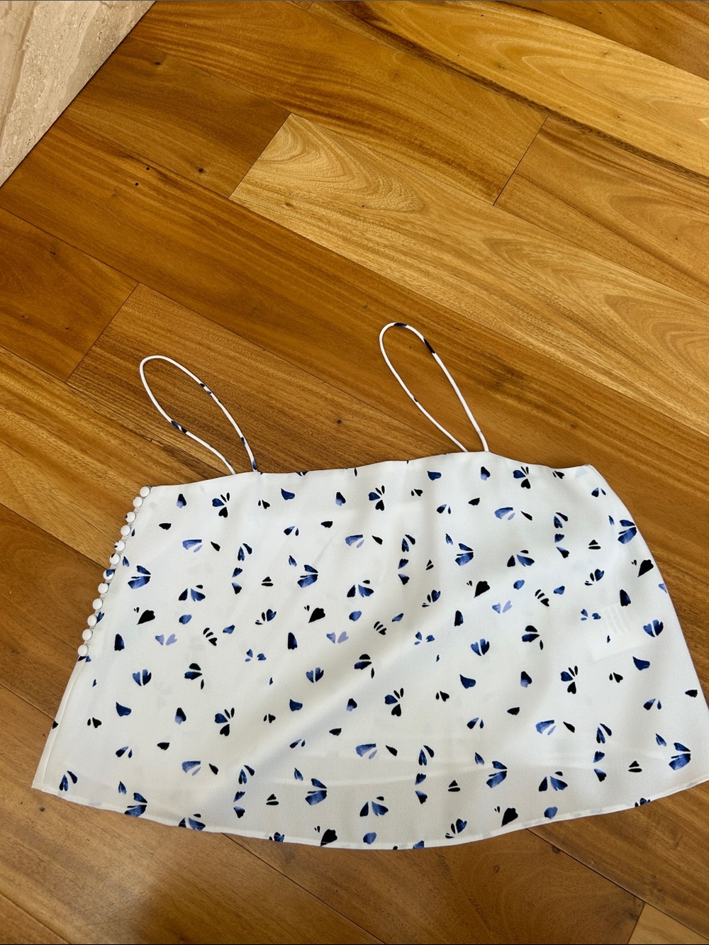 Club Monaco White Floral Print Silk Camisole with Blue and Black Accents